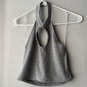 Houndstooth Halter Keyhole Detail Tank Top Gray Size Large